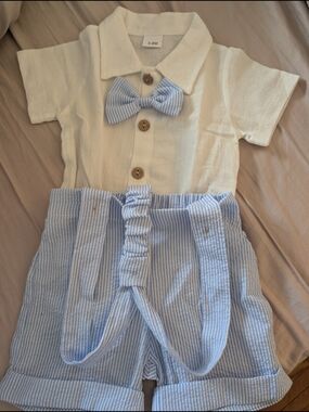 White Short-Sleeve Romper with Blue Striped Bow & Shorts